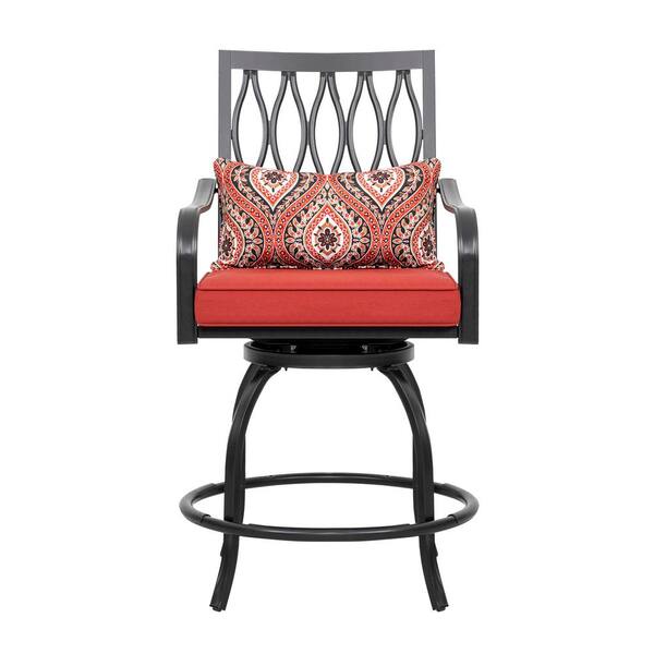 Nuu Garden 2 Piece Outdoor Metal Patio Swivel Stools Chairs with Red Cushion and Armrest, Bar Height, Black