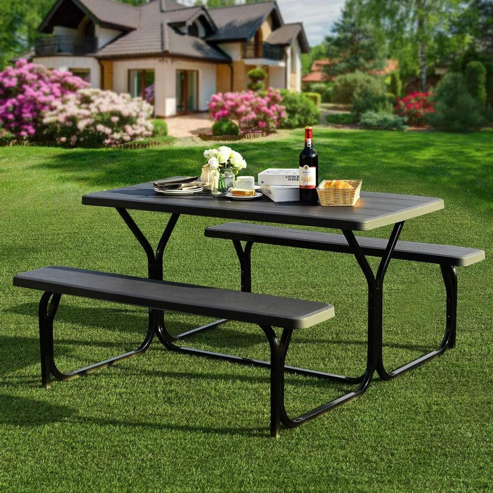 Picnic Table Bench Set Outdoor Camping All Weather Metal Base-Black