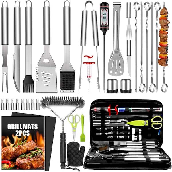 Unbranded Stainless Steel Grill Cooking Accessory Tool Set 34-Pieces with Carry Bag, Thermometer, Grill Mats for Outdoor Camping