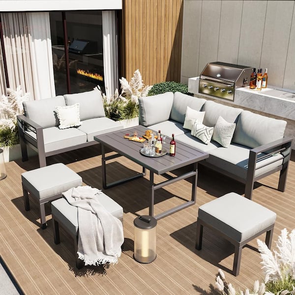 Sudzendf 7-Piece Aluminum Patio Conversation Set with Light Grey Cushions for Lawn, Backyard, and Deck