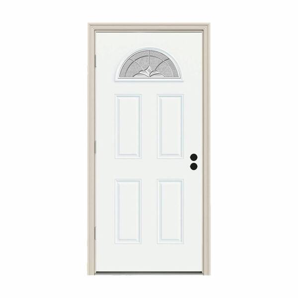 JELD-WEN 36 in. x 80 in. Fan Lite Langford White Painted Steel Prehung Right-Hand Outswing Front Door w/Brickmould