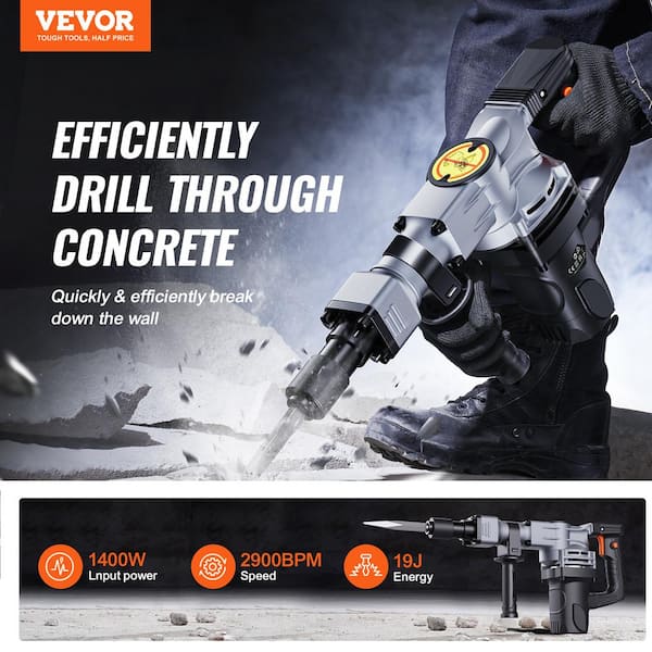 Demolition Jack Hammer, 19 .69 x 13.39 in. 1400W Electric Jackhammer Heavy Duty, 2pcs Chisels Bits Chipping with Case