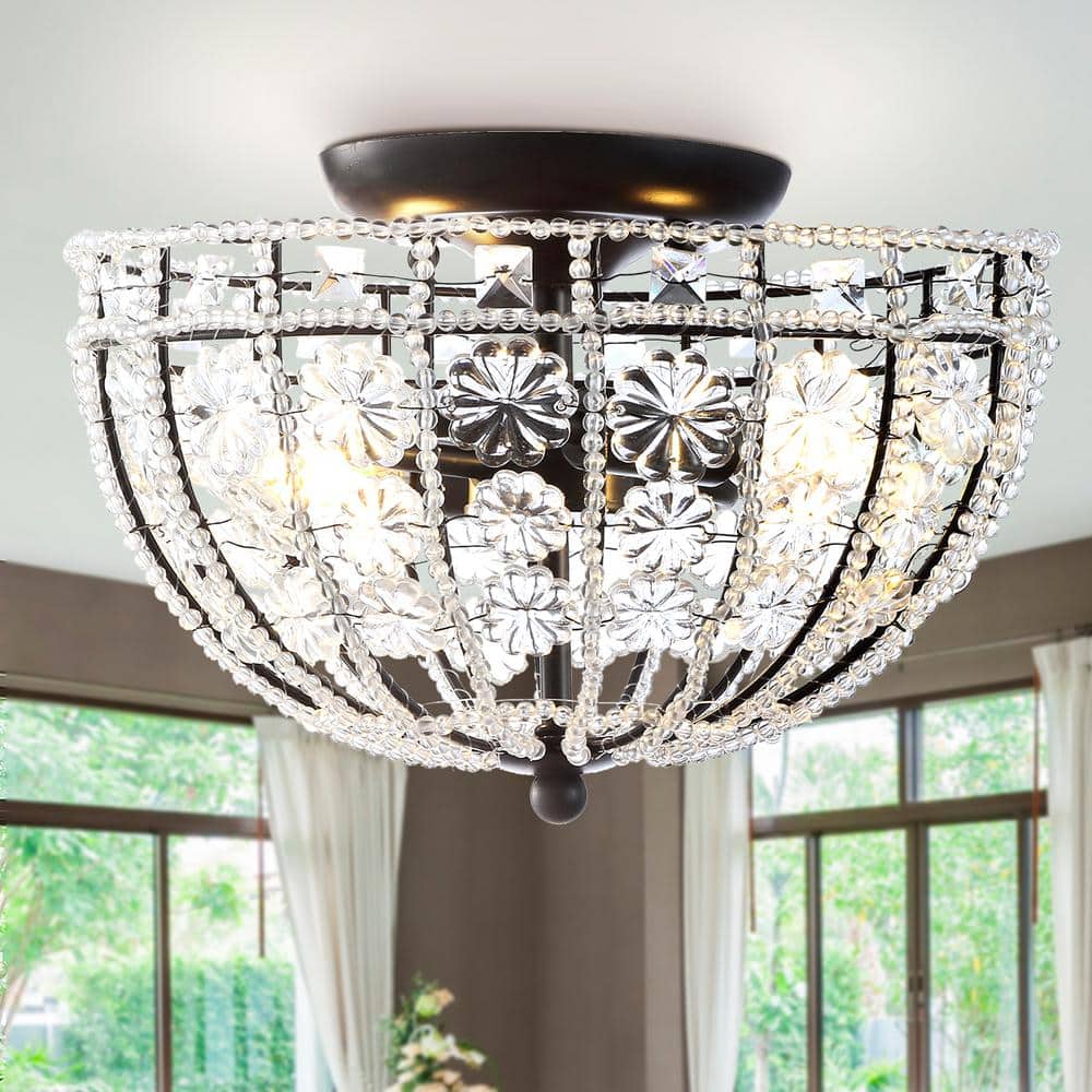 Billie 12" Black Crystal Flower LED Semi-Flush Mount