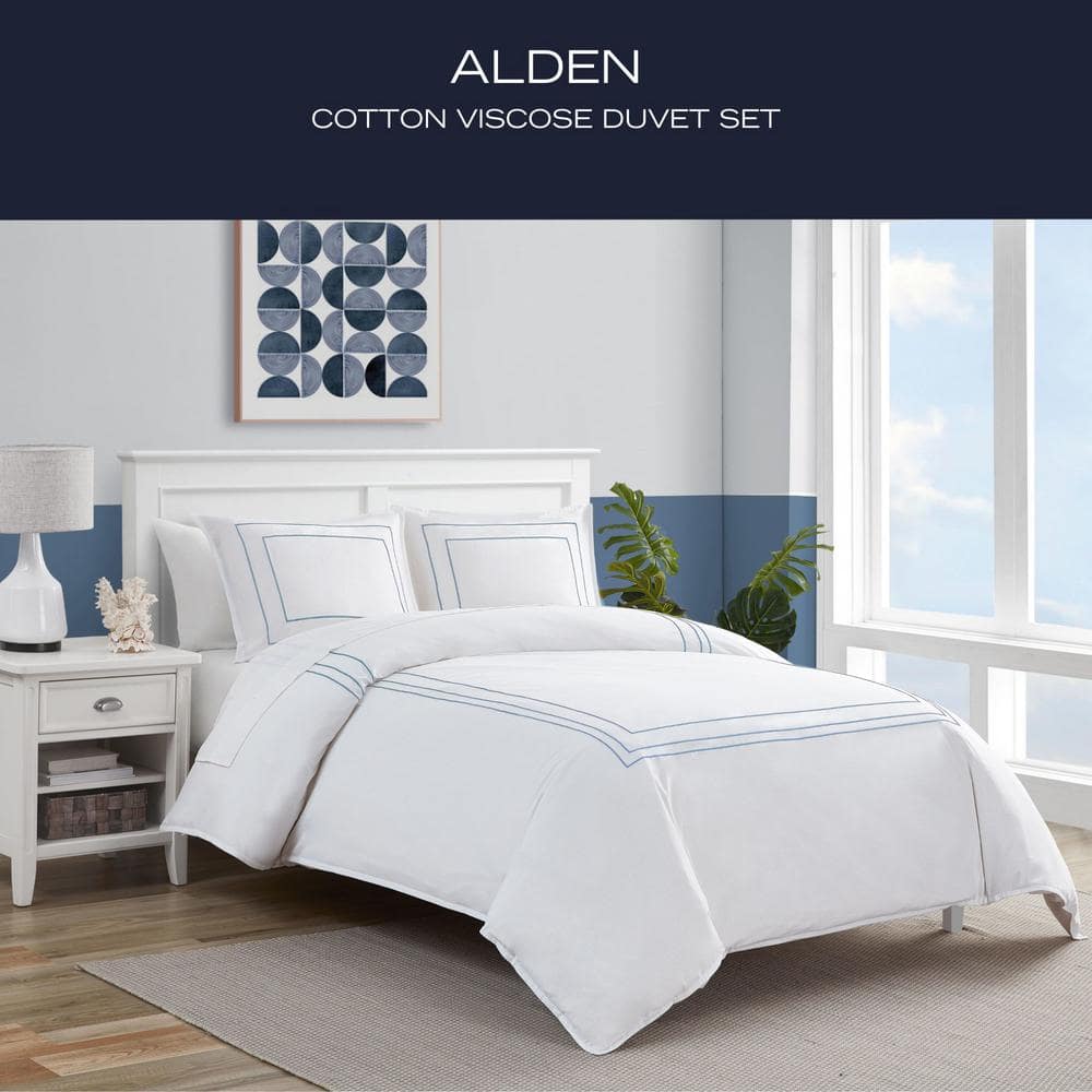 White Cotton Queen Duvet Cover Set with Blue Embroidery