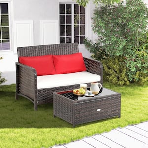 2-Piece Rattan Wicker Patio Conversation Love-seat Coffee Table Set Cushioned Bench Garden Deck