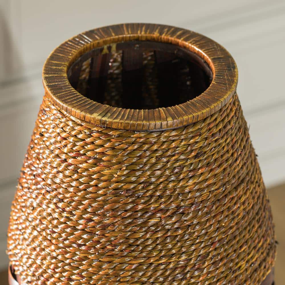 Antique Bamboo Rope Cylinder Floor Vase, Brown, 26"