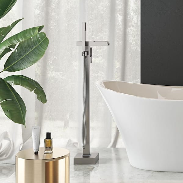 Infinity Single Handle Floor Mount Roman Tub Faucet with Hand Shower in Brushed Nickel