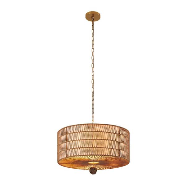 5-Light Gold Pendant Light with Woven Natural Paper Shade