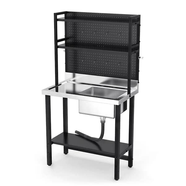 35.8 in. Freestanding Stainless Steel 1-Compartment Kitchen Sink with Drainboard and Shelves