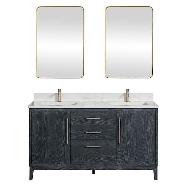 ROSWELL Gara 60 in. W x 22 in. D x 33.9 in. H Double Sink Bath Vanity in Blue with White Grain Composite Stone Top and Mirror