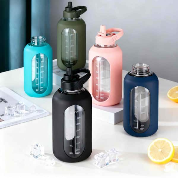 Wudkey 32 oz Black Glass Water Bottle with Straw, Time Marker, Two Lids, Leakproof Design, and Silicone Sleeve