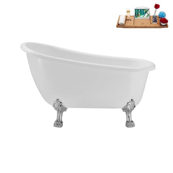 Streamline 53 in. x 25.6 in. Acrylic Clawfoot Soaking Bathtub in Glossy White with Polished Chrome Clawfeet and Matte Pink Drain