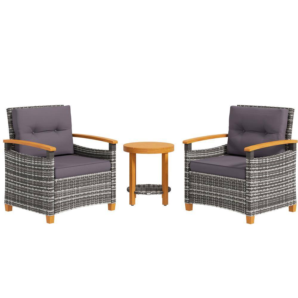 3-Piece PE Rattan Wood Round 19 in. Outdoor Bistro Set with Gray Cushions