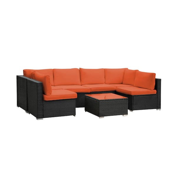 Unbranded Black 7-Piece Wicker Outdoor Sectional Sofa Set Patio Funiture Set with Orange Cushions and Coffee Table