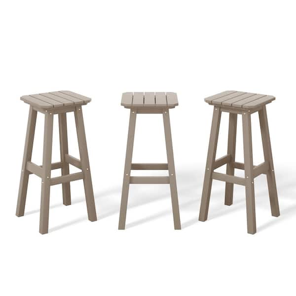 WESTIN OUTDOOR Laguna 29 in. HDPE Plastic All Weather Backless Square Seat Bar Height Outdoor Bar Stool in Weathered Wood, (Set of 3)