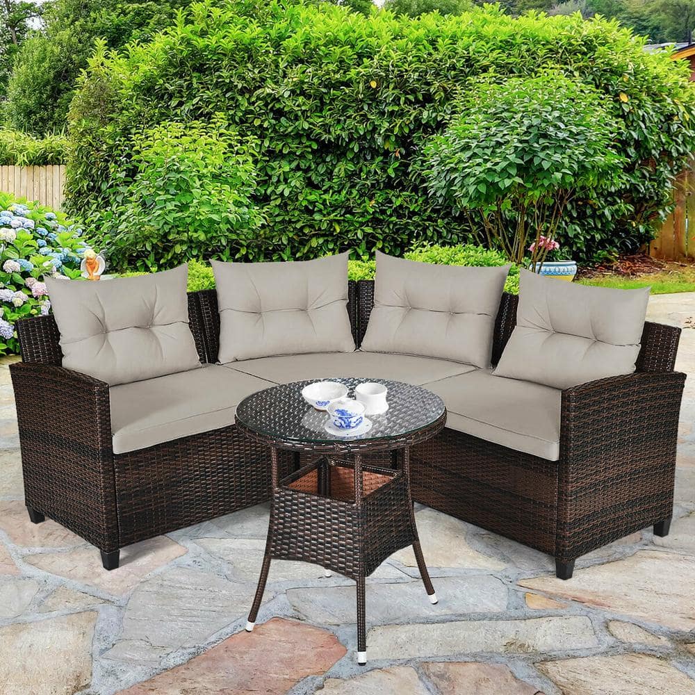 4-Piece Wicker Patio Conversation Set with Brown Cushions and Glass Tableto
