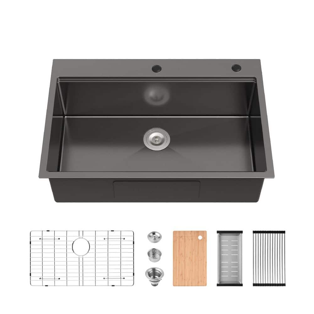 33 in. Drop-In Single Bowl 20-Gauge Gunmetal Black Stainless Steel Kitchen Sink with Cutting Board Colander Grid price history on PriceWatchPro