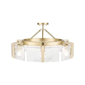 Aenon 27.75 in. 6-Light Brushed Champagne Bronze Semi-Flush Mount with Hammered Water Glass Shade