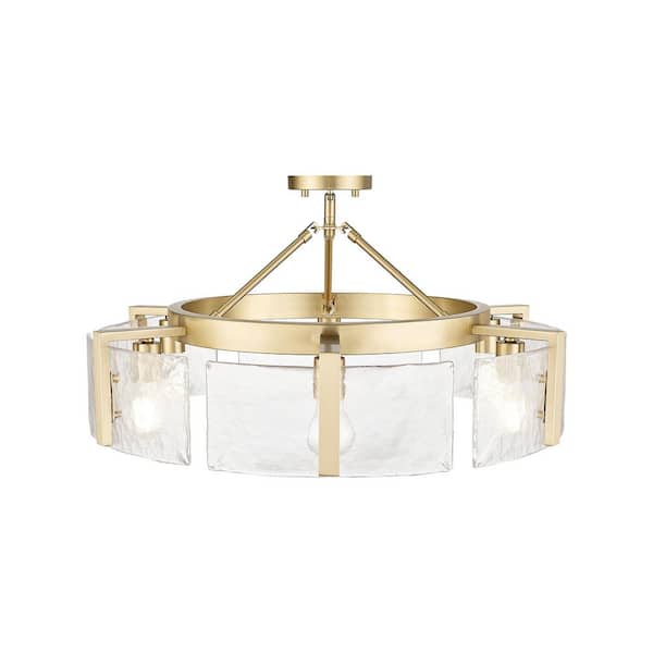 Aenon 27.75 in. 6-Light Brushed Champagne Bronze Semi-Flush Mount with Hammered Water Glass Shade