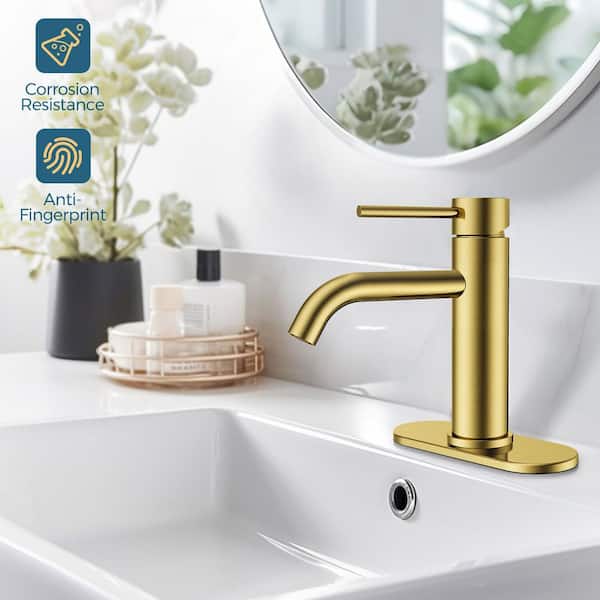 Single Handle Mid-Arc Bathroom Faucet with Deckplate and Pop-Up Drain in Gold