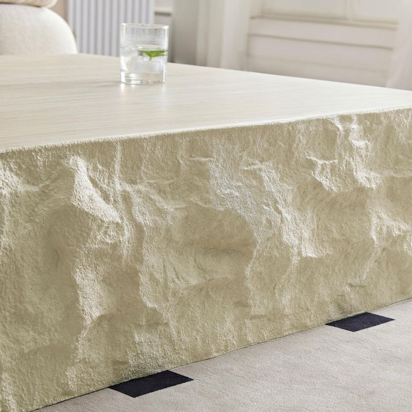 Anaya 35.43 in. Beige Square Shape Fiberglass Top Coffee Table, Imitation Stone Table Front of the Sofa