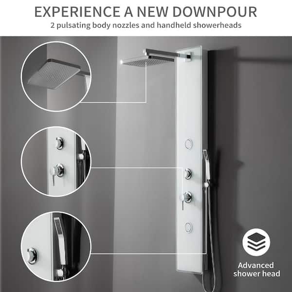 2-Jet Shower Tower with Rainfall Shower Head and Tempered Glass Screen in Polished Chrome