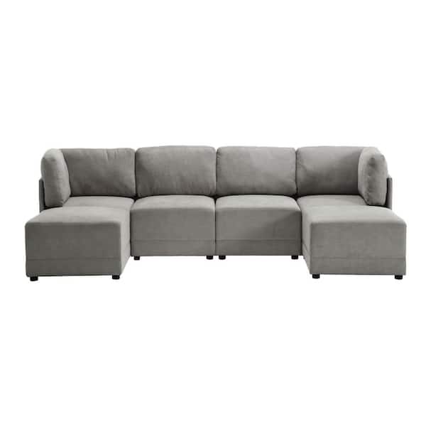 Morden Fort 120 in. Sectional Modular Couch 6-Piece Gray Linen Living Room Set U Shaped Sofa with Chaise Ottoman