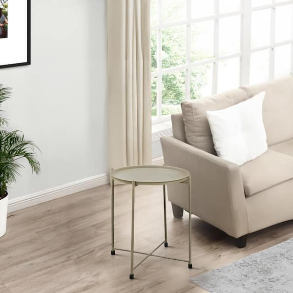 THE URBAN PORT 18 in. Beige Round Metal Side End Table with Foldable Legs