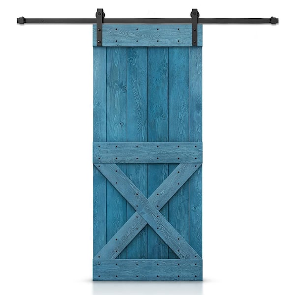 CALHOME Mini X Series 36 in. x 84 in. Pre-Assembled Ocean Blue Stained Wood Interior Sliding Barn Door with Hardware Kit