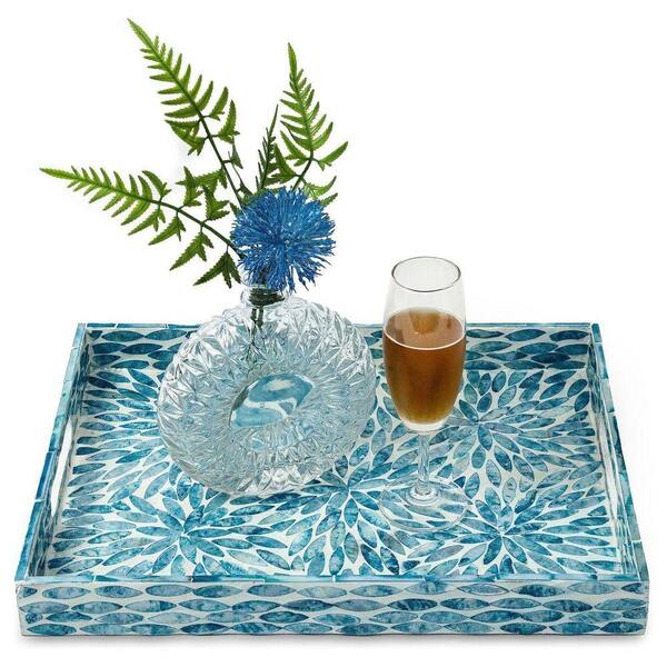 Blue Lacquer Mother of Pearl Inlay Mosaic Serving Tray (15.7 in. x