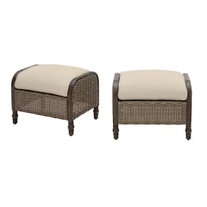 Windsor Brown Wicker Outdoor Patio Ottoman with CushionGuard Putty Tan Cushions (2-Pack)