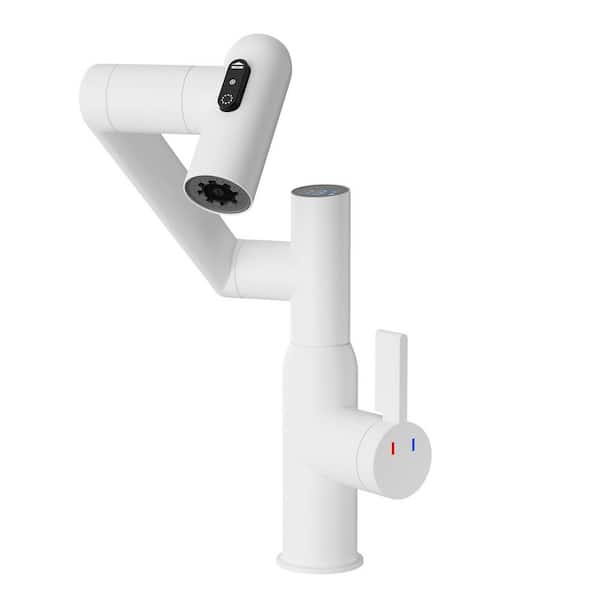 Smart Temperature Display Bathroom Sink Faucet with Pull-Out Spray & 360° Swivel-White