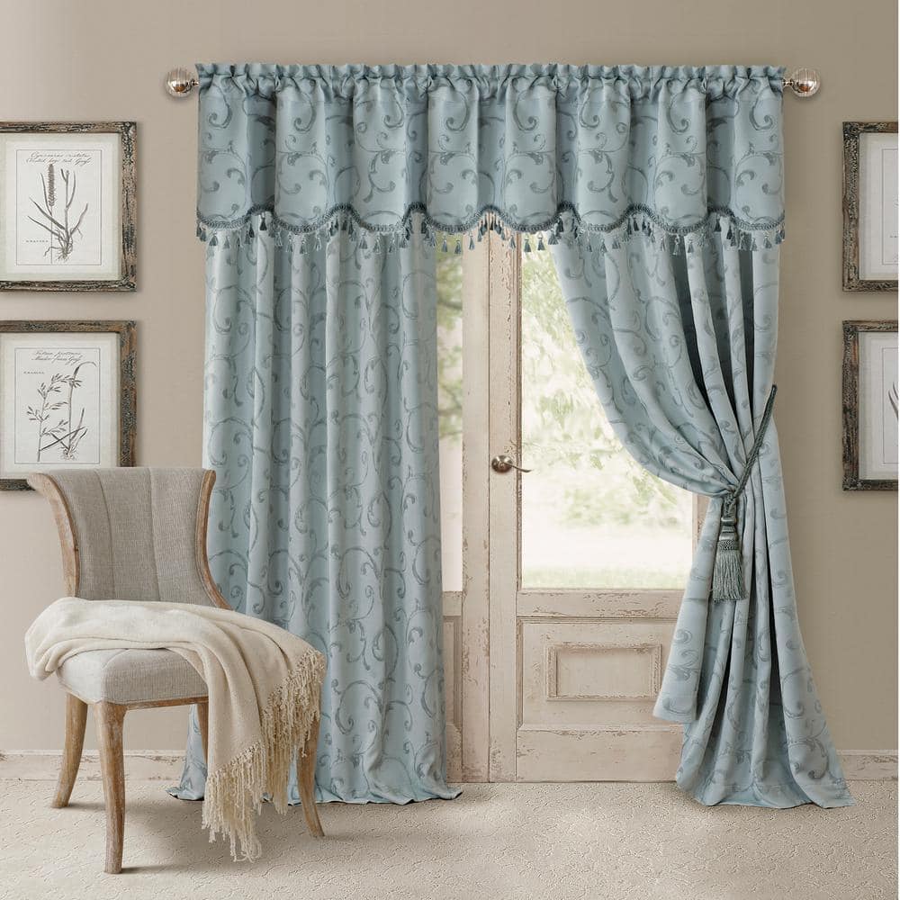 Blue Jacquard Scroll Tassel Trim Rod Pocket Valance