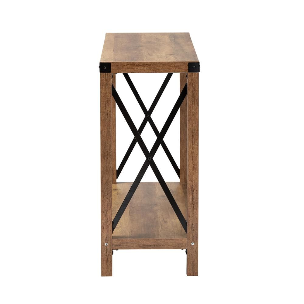 Natural Brown Wood and Black Metal Console Table with Storage