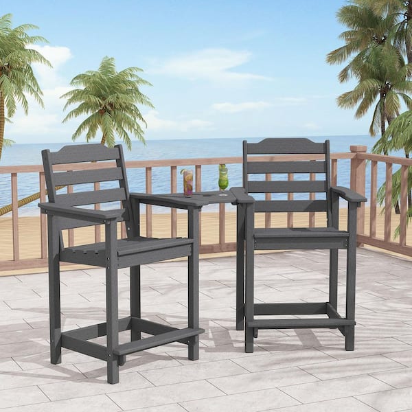 Decksplore Patio Bar Sets Gray Tall Adirondack Bar Chairs (Set of 2) with Connecting Table