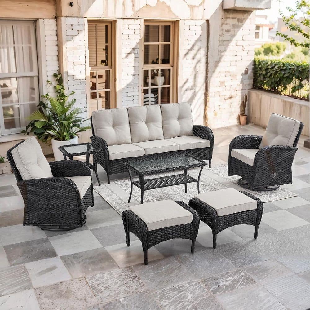 SleekArm 7-Piece Black Wicker Patio Conversation Set with Olefin Beige Cushion and Outdoor Swivel Glider Chairs price history on PriceWatchPro