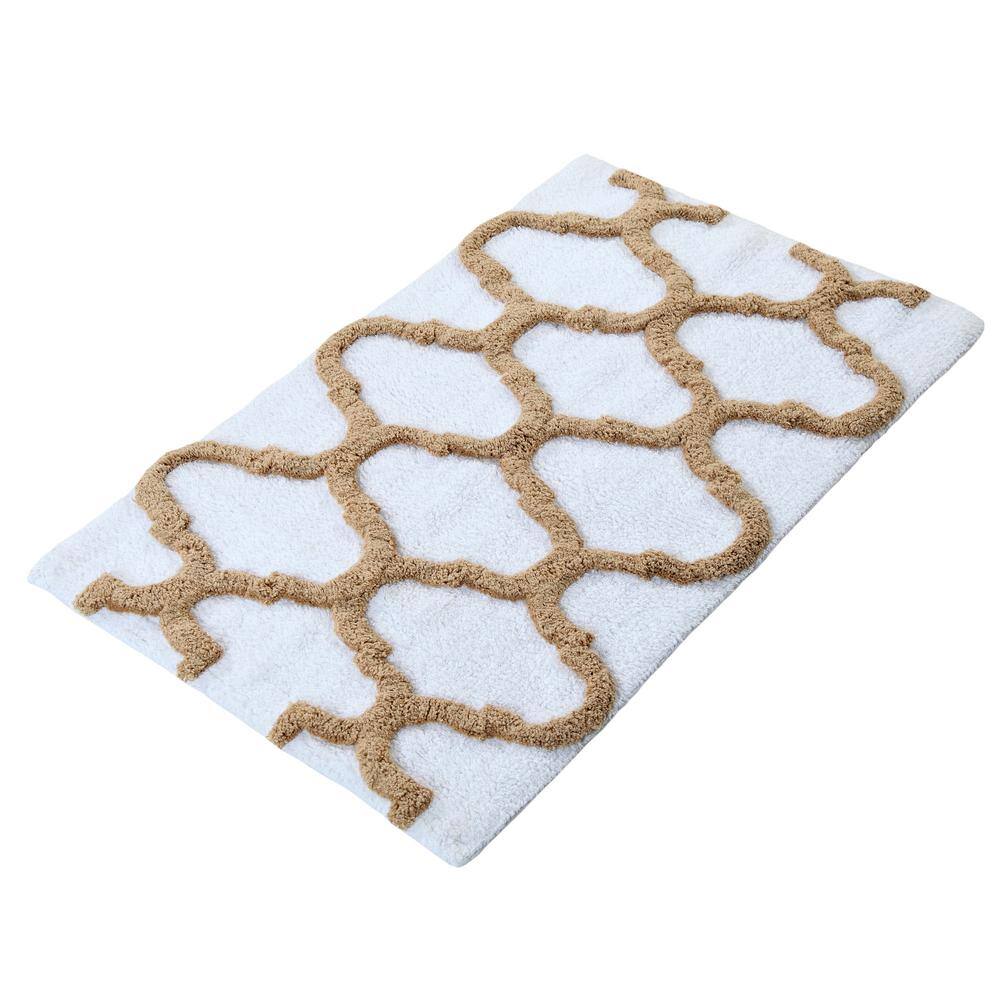 Ivory and Beige Cotton Geometric Pattern Bath Rug