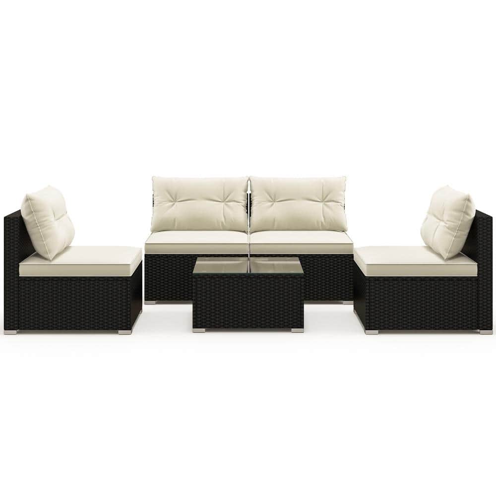 5-Piece PE Rattan Outdoor Patio Conversation Set with Tempered Glass Coffee Table and Cushions, Off White price history on PriceWatchPro