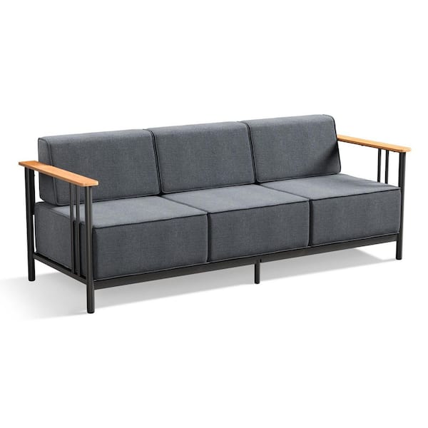 Opohoro Puffin Black Metal Outdoor 3-Seat Couch with 10-in. Thick