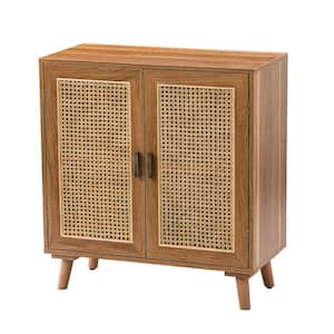 Salayar Walnut 2-Door Accent Storage Cabinet with Rattan and Solid Wood Legs