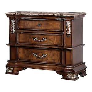 Florince Brown Cherry 3-Drawer 32 in. W Nightstand With Geuine Marble Top