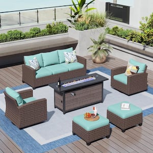 Brown Rattan 7 Seat 6-Piece Metal Outdoor Fire Pit Patio Set with Blue Cushions, Swivel Chair Rectangular Fire Pit Table