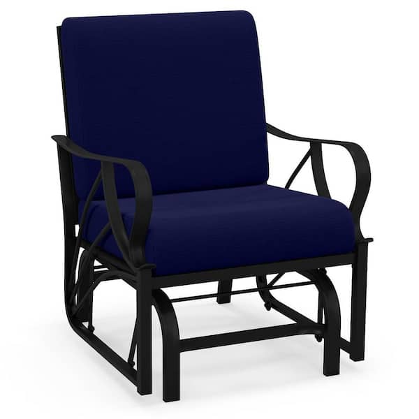 Metal Outdoor Rocking Chair Patio Glider with Navy Blue Thick Cushion and Curved Armrest(1-Pack)