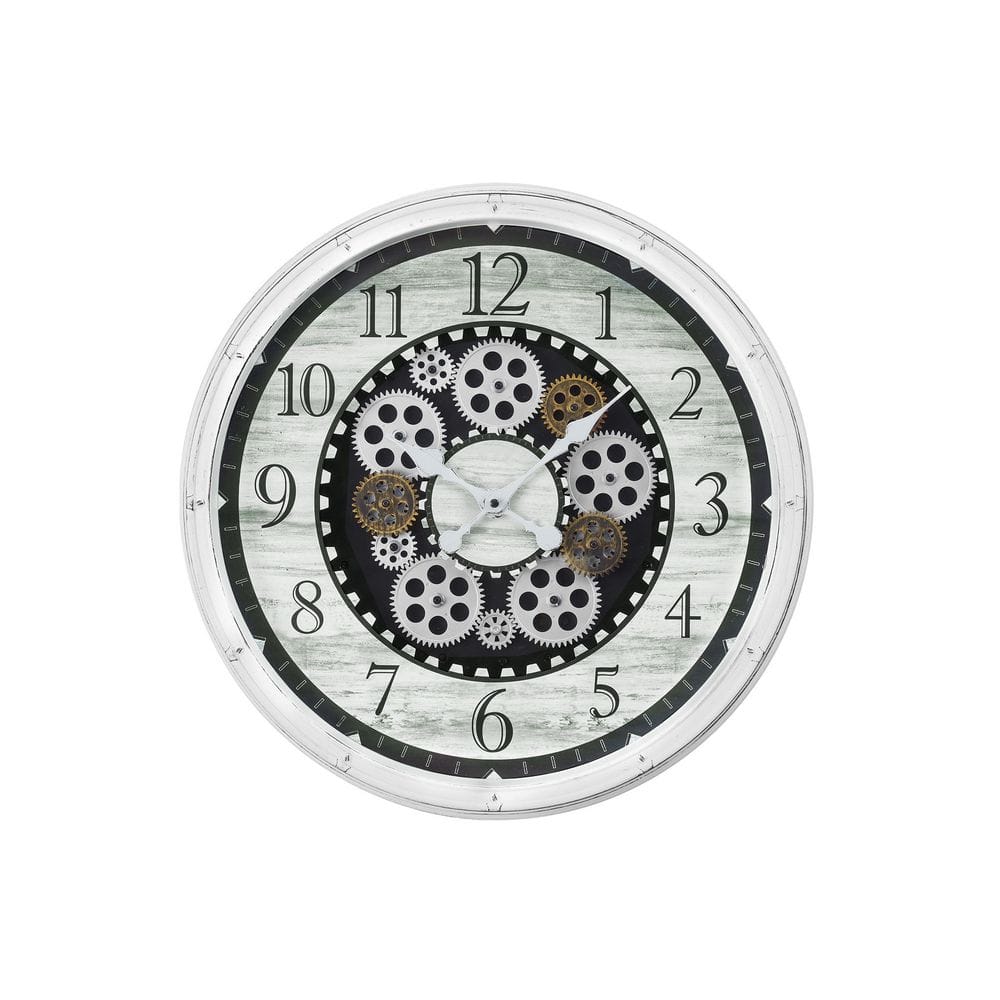 20 in. Antique White Round Wall Clock with Moving Bronze Gears Numeral ...
