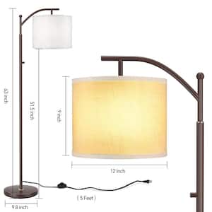 63 in. 3 Color Temperatures Brown Adjustable Arched/Arc Floor Lamp with White Linen Texture Shade
