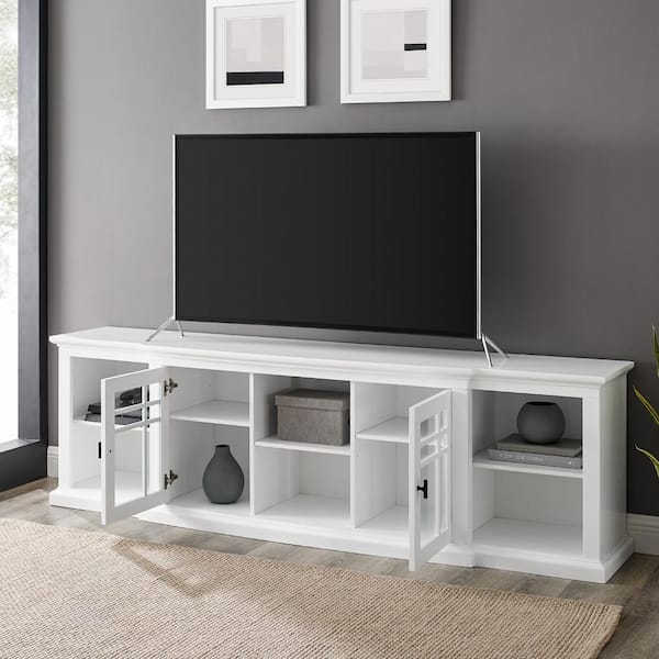 80 in. Transitional White Wood TV Stand with Glass Doors (Max TV size 90 in.)