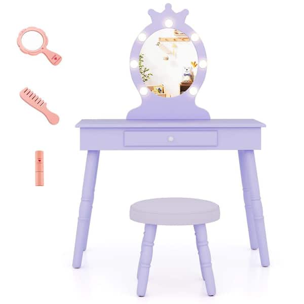 Costway 2-Piece Wood Top Purple Kids Vanity Set Princess Vanity Table & Chair Set with Lighted Mirror