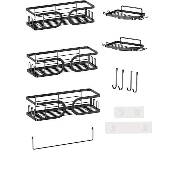 Adrinfly 10pcs Shower Caddy Organizer with 3 U-Type Shelves, 2 Soap Dishes & Towel Rack, Stainless Steel Wall Rack Basket, Black