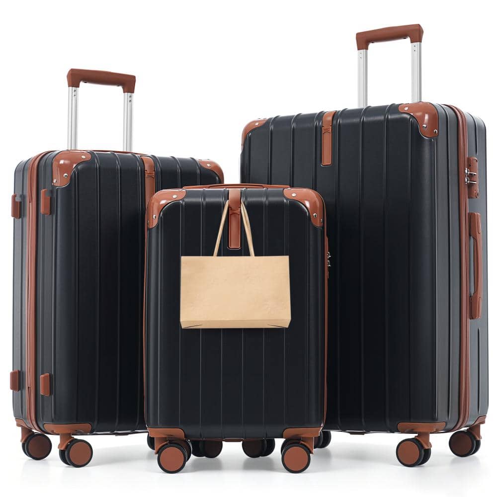 Qualler 3-Piece Black and Brown Hardside Luggage Set with TSA Lock