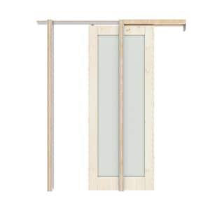 32 in. x 80 in. 1-Lite Frosted Glass Solid Core Pine Wood Unfinished Pocket Sliding Door with Pocket Door Hardware
